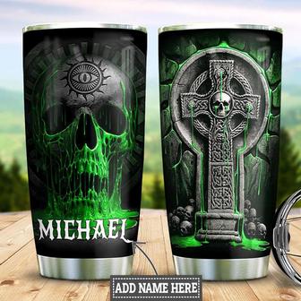 Personalized Skull Green Fire Metal Style 2 Stainless Steel Tumbler 20Oz - Thegiftio UK