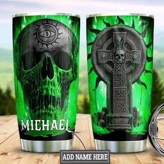 Personalized Skull Green Fire Metal Style Stainless Steel Tumbler 20Oz - Thegiftio UK