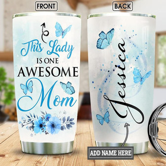 Personalized Butterfly Awesome Mom Blue Stainless Steel Tumbler 20Oz - Thegiftio UK