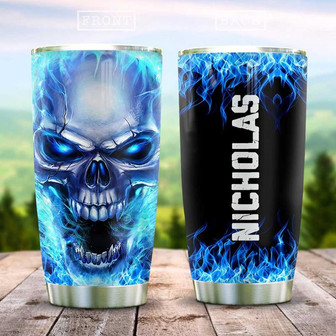 Skull Blue Fire Personalized Stainless Steel Tumbler 20Oz - Thegiftio