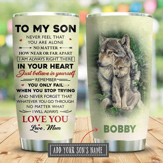 To Son Geometric Wolf Galaxy Personalized Stainless Steel Tumbler 20Oz - Thegiftio UK