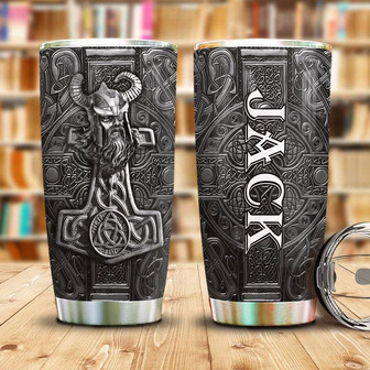 Viking Odin Mjolnir Metal Style Personalized Stainless Steel Tumbler 20Oz - Thegiftio UK