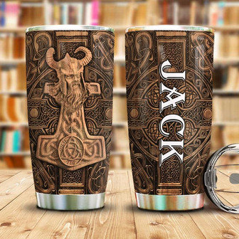 Viking Odin Mjolnir Wooden Style Personalized Stainless Steel Tumbler 20Oz - Thegiftio