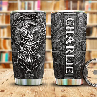 Viking Wolf Raven Metal Style Personalized Stainless Steel Tumbler 20Oz - Thegiftio UK