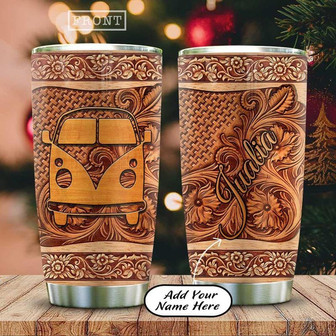 Wooden Style Hippie Van Personalized Stainless Steel Tumbler 20Oz - Thegiftio UK