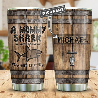 Wooden Style Shark Mommy Beer Personalized Stainless Steel Tumbler 20Oz - Thegiftio UK
