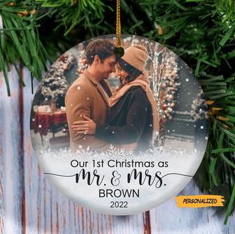 Our 1st Christmas As Mr & Mrs, Personalized Custom Ceramic Photo Christmas Ornament, Gift For Couple, Anniversary, Wedding, Marriage Gift - Thegiftio UK