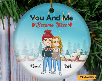 You and Me Became Three, Personalized Custom Maternity Pregnancy Announcement Circle Ceramic Ornament, Pregnant Gift For Mom To Be - Thegiftio