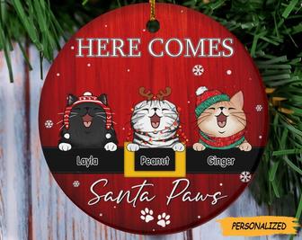 Here Comes Santa Paws Circle Ceramic Ornament, Personalized Cat Breeds Ornament, Xmas Gifts For Cat Lovers, Cat Lovers Gift, Custom Cat Gift - Thegiftio UK