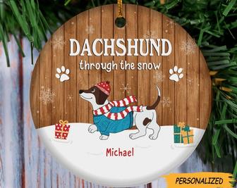 Dachshund Through The Snow Circle Ceramic Ornament, Personalized Dog Lovers Decorative Christmas Ornament, Gift For Dog Lovers - Thegiftio UK