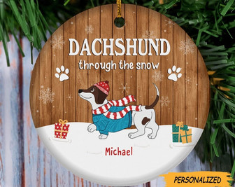 Dachshund Through The Snow Circle Ceramic Ornament, Personalized Dog Lovers Decorative Christmas Ornament, Gift For Dog Lovers - Thegiftio UK