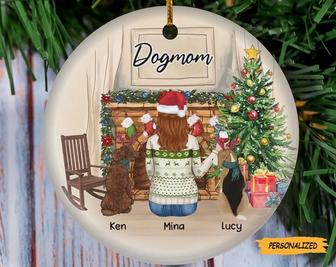Dog Mom Sitting At Fireplace, Personalized Dog Mom Christmas Circle Ornament, Christmas Gift For Dog Lovers, Christmas Gift, Dog Owner Gift - Thegiftio UK