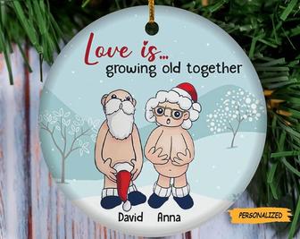 Funny Santa Couple Love Is Growing Old Together, Personalized Custom Christmas Ceramic Ornament, Gift For Old Couple, Christmas Gifts - Thegiftio UK