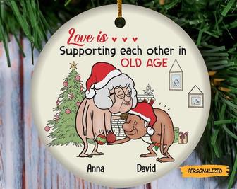 Love Is Supporting Each Other In Old Age, Personalized Custom Wacky Old Couple Christmas Ceramic Ornament, Gift For Old Couple - Thegiftio UK