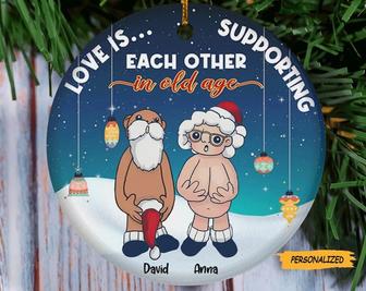 Love Is Supporting Each Other In Old Age, Personalized Funny Old Couple Santa Christmas Ceramic Ornament, Gift For Old Couple, Wife, Husband - Thegiftio UK