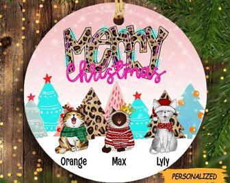 Merry Christmas Leopard And Pink Personalized Circle Ornament, Gift for Cat Lovers, Cat Owner Gift, Cat Lover Ornament, Christmas Decoration - Thegiftio UK