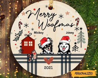 Merry Woofmas Christmas Bauble Circle Ceramic Ornament, Personalized Dog Breeds Ornament, Xmas Gifts For Dog Lovers, Dog Lover Gift - Thegiftio UK