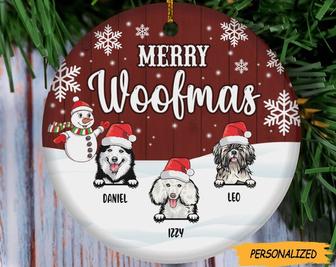 Merry Woofmas Circle Ceramic Ornament, Personalized Christmas Dog Breeds Ornament, Gift for Dog Lovers, Custom Dog Gift, Dog Lover Gift - Thegiftio UK
