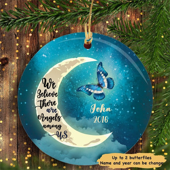 Moon And Butterflies Personalized Memorial Circle Ornament, Gift For Mom, Memorial Gift Dad, Remembrance Gift, Custom Memorial Ornament - Thegiftio