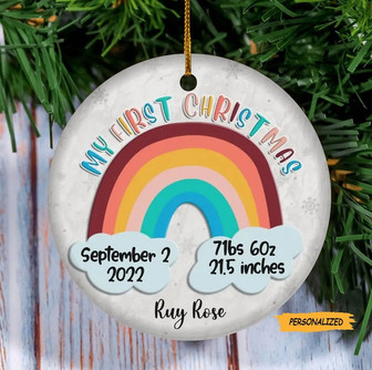 New Baby Ornament, Baby’s First Christmas Ornament, Rainbow Ornament, New Mom Gift, Birth Stats, First Christmas Bauble, Ornament Keepsake - Thegiftio