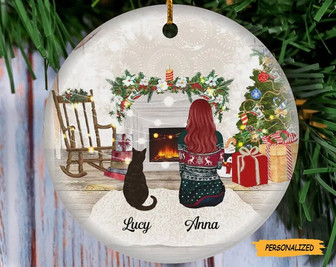 Personalized Christmas Girl With Cat Ornament, Christmas Gift For Cat Mom Ornament, Xmas Cat Lover Gift, Christmas Ornament, Cat Owner Gift - Thegiftio