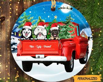 Personalized Dog Red Truck Christmas Circle Ornament, Gift for Dog Lovers, Custom Dog Ornament, Dog Lover Gift, Christmas Tree Decorations - Thegiftio UK