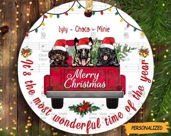 Personalized Dog Red Truck Merry Christmas Circle Ornament, Custom Dog Ornament, Dog Lover Gift, Christmas Tree Decorations, Dog Owner Gift - Thegiftio UK