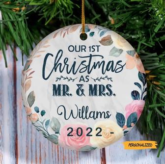 Personalized First Christmas Married Ornament, Our First Christmas as Mr and Mrs Ornament, Floral Christmas Ornament, Couple Gift - Thegiftio UK