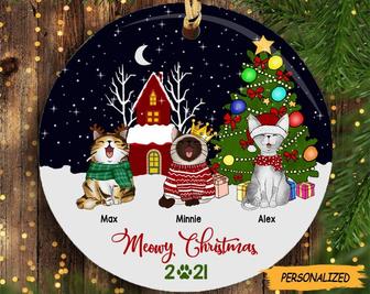 Personalized Meowy Christmas 2021 Stars Night Sky Circle Ceramic Ornament, Cat Lovers Decorative Christmas Ornament, Cat Owner Gift - Thegiftio UK