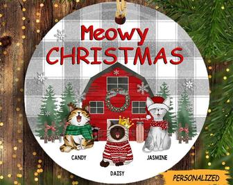 Personalized Meowy Christmas Grey And White Plaid Circle Ceramic Ornament, Cat Lovers Decorative Christmas Ornament, Cat Owner Gift - Thegiftio UK