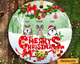 Personalized Merry Christmas Circle Ceramic Ornament, Personalized Cat Lovers Gift, Cat Lovers Gift, Christmas Tree Decorations - Thegiftio