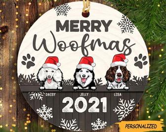 Personalized Merry Woofmas Brown Wooden Circle Ceramic Ornament, Christmas Gift for Dog Lovers, Custom Dog Ornament, Dog Lover Gift - Thegiftio UK
