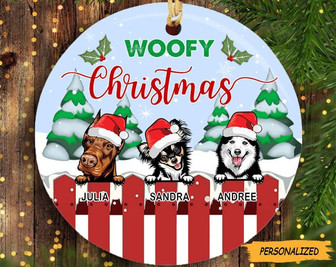 Personalized Woofy Christmas Red Fence Circle Ceramic Ornament, Personalized Gift for Dog Lovers, Custom Dog Ornament, Dog Lover Gift - Thegiftio UK