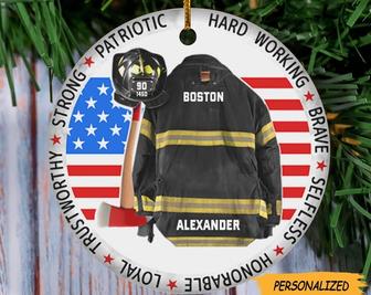 Strong Patriotic Hard Working Brave Selfless Honorable Loyal Trustworthy Inspiring, Personalized Firefighter Circle Ornament - Thegiftio UK