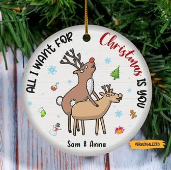 All I Want For Christmas Is You, Personalized Custom Naughty Reindeer Couple Christmas Ornament, Gift For Couple, Funny Couple Ornament - Thegiftio