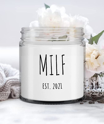Funny New Mom Gift Milf EST 2021 Candle Vanilla Scented Soy Wax Blend 9 oz. with Lid - Thegiftio UK