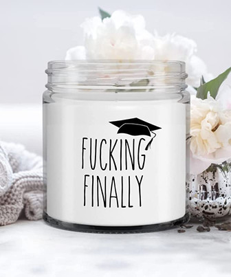 Funny Graduation Gift Fucking Finally Candle Vanilla Scented Soy Wax Blend 9 oz. with Lid - Thegiftio UK