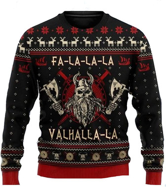 Viki.ng% Valhalla-la Christmas Ugly Sweater, Christmas Ugly Sweater for Men, Women, Ugly Crewneck Sweater Black - Thegiftio UK