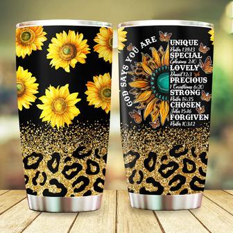 God Says You Are Tumbler, Sunflower Glitter Leopard Christian Inspirational Bible Verse, Religious Gifts Christian Gifts for Women 20oz Stainless Steel with Lid Cold & Hot Water Coffee - Thegiftio