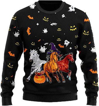 Happy Animals Halloween Sweaters for Women - Mens Sweater Winter Holiday Crew Neck Shirt40 Horse04 - Thegiftio