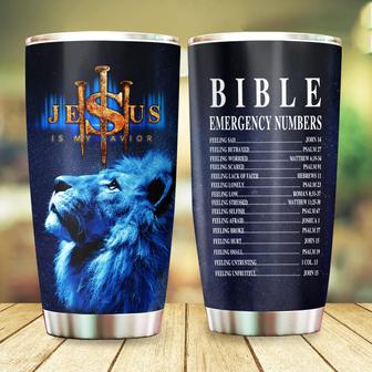 Jesus is My Savior Tumbler - Bible Emergency Number Tumbler Lion Cross God Christian Tumbler Christian Gifts for Men 20oz Stainless Steel with Lid Cold & Hot Water Coffee - Thegiftio UK