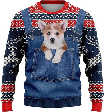 Ugly Christmas Sweaters for Women - Baby Dog Christmas in Pocket Mens Sweater Xmas Holiday Crew Neck Shirt82 Corgi03 - Thegiftio UK
