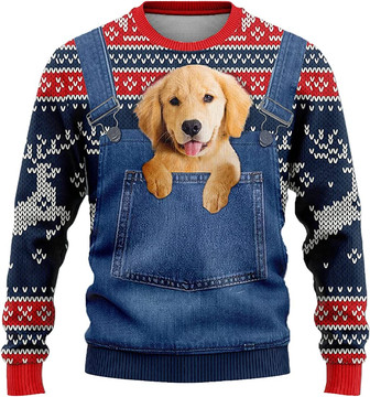 Ugly Christmas Sweaters for Women - Baby Dog Christmas in Pocket Mens Sweater Xmas Holiday Crew Neck Shirt82 Golden04 - Thegiftio UK