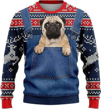Ugly Christmas Sweaters for Women - Baby Dog Christmas in Pocket Mens Sweater Xmas Holiday Crew Neck Shirt82 Pug06 - Thegiftio UK