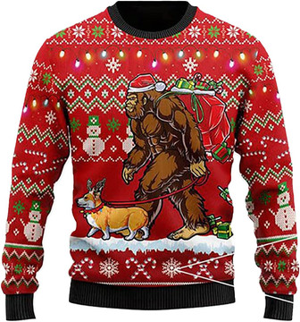 Ugly Christmas Sweaters for Women - Bigfoot with Dog Merry Xmas Mens Sweater Xmas Holiday Crew Neck Shirt79 Bigfoot02 - Thegiftio UK