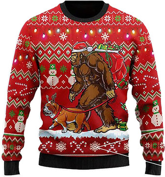 Ugly Christmas Sweaters for Women - Bigfoot with Dog Merry Xmas Mens Sweater Xmas Holiday Crew Neck Shirt79 Bigfoot04 - Thegiftio UK