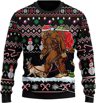 Ugly Christmas Sweaters for Women - Bigfoot with Dog Merry Xmas Mens Sweater Xmas Holiday Crew Neck Shirt79 Bigfoot06 - Thegiftio UK