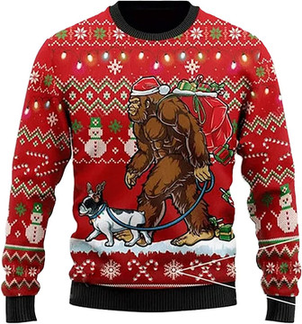 Ugly Christmas Sweaters for Women - Bigfoot with Dog Merry Xmas Mens Sweater Xmas Holiday Crew Neck Shirt79 - Thegiftio UK