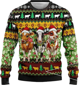 Ugly Christmas Sweaters for Women - Cute Cow Merry Xmas Mens Sweater Xmas Holiday Crew Neck Shirt77 Cow04 - Thegiftio UK