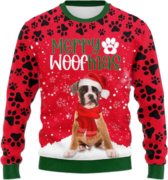 Ugly Christmas Sweaters for Women - Love Dog Merry Woofmas Snow with Paws Mens Sweater Xmas Holiday Crew Neck Shirt83 Boxer03 - Thegiftio UK